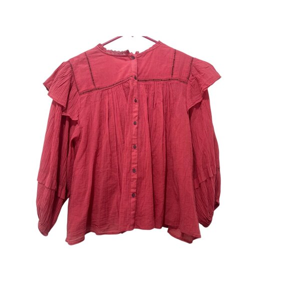 SOLD Free People Laura Prairie Peasant Top Sz Large Pink Eyelet Ruffle Ballon - Picture 3 of 14